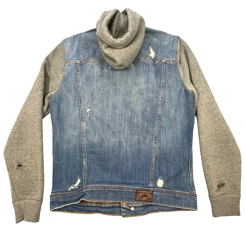 Hollister Blue Distressed Hooded Denim Hybrid Jacket Mens M Grunge Streetwear